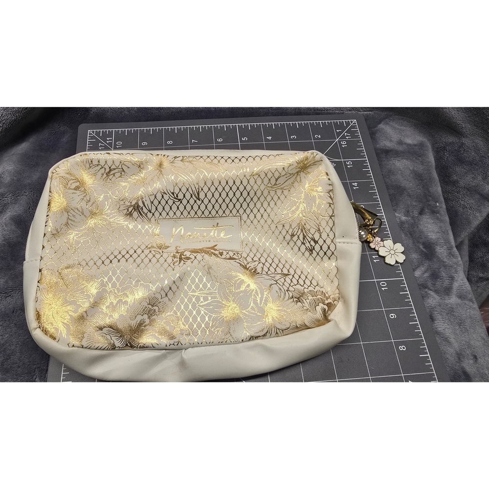 Nanette Lepore Cream Gold Floral Cosmetic Bag Heart Pearl Flower Charm Pouch